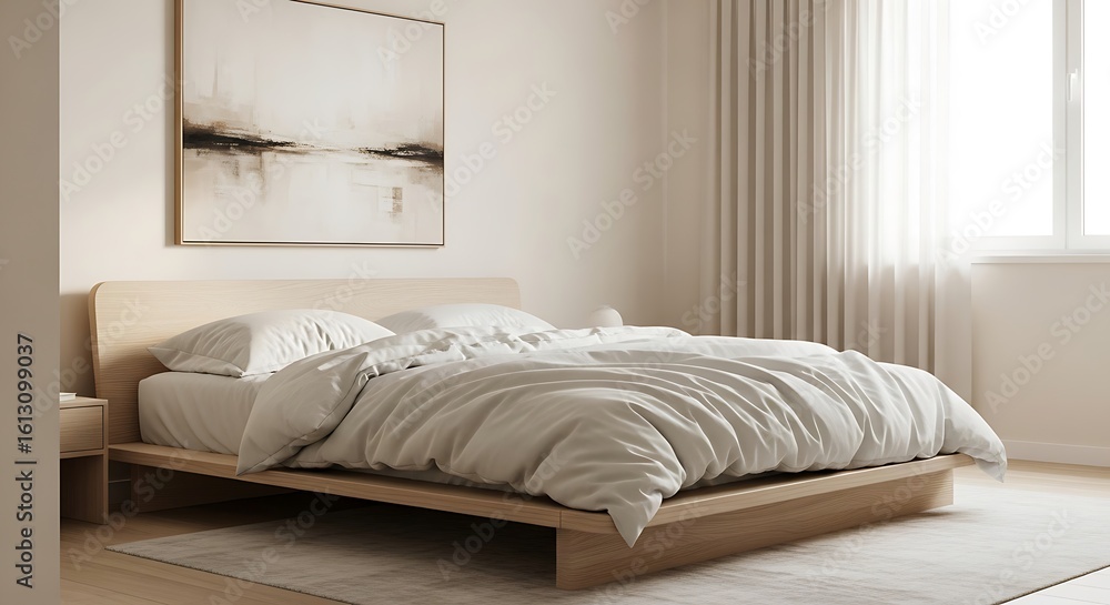 Obraz premium Serene Minimalist Bedroom: Light Wood Platform Bed, Neutral Bedding, Abstract Art