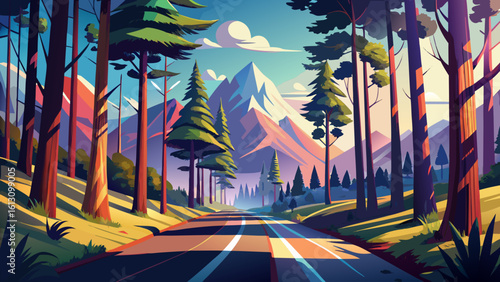 Tall trees and detailed light-shadow contrasts, in a semi-realistic style, bring the road to the mountains to life; every turn tells a new chapter of the journey.