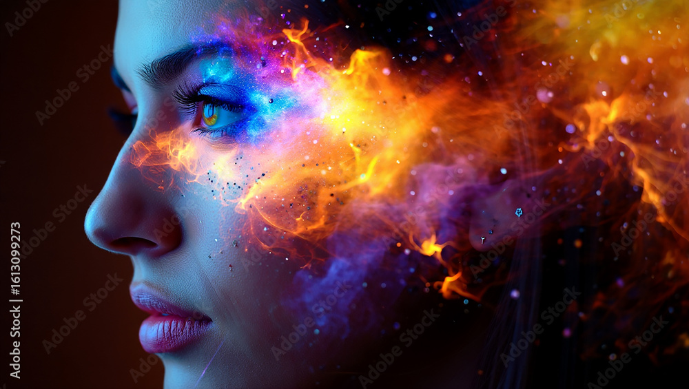Woman s face with cosmic nebula explosion of color and light Woman s face with cosmic nebula explosion of color and light