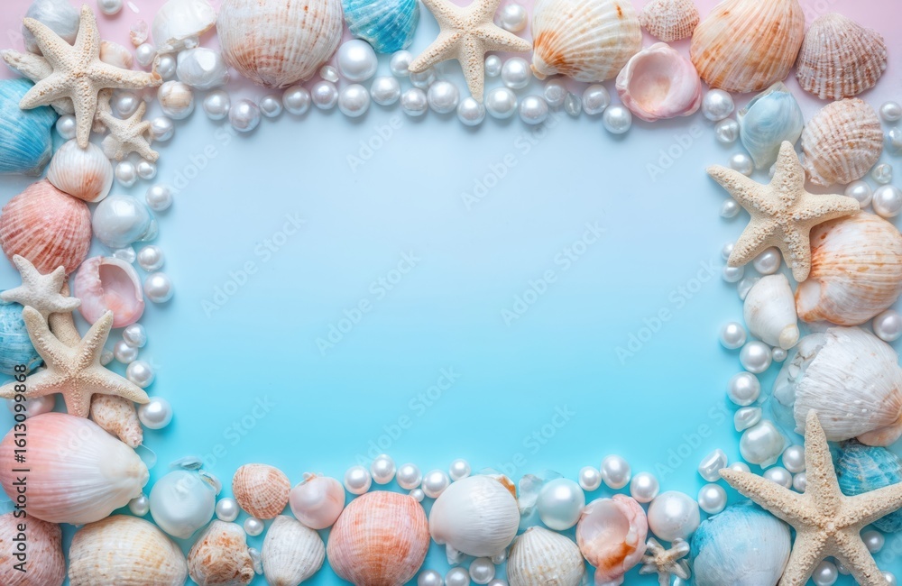 Fototapeta premium Underwater scene with blue hue gradient, pinkish-white top right. Rectangular frame with beige pebbles border holds various size, color pearls. Starfish, large clam with white, beige pattern visible.