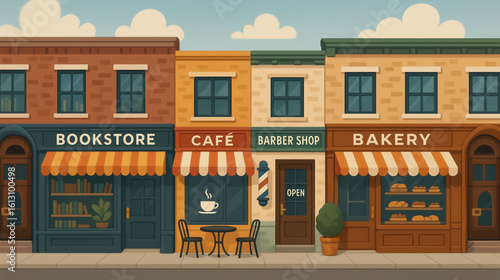 Row of small business shops including bookstore cafe bakery and barbershop with colorful storefronts representing local retail street and community economy