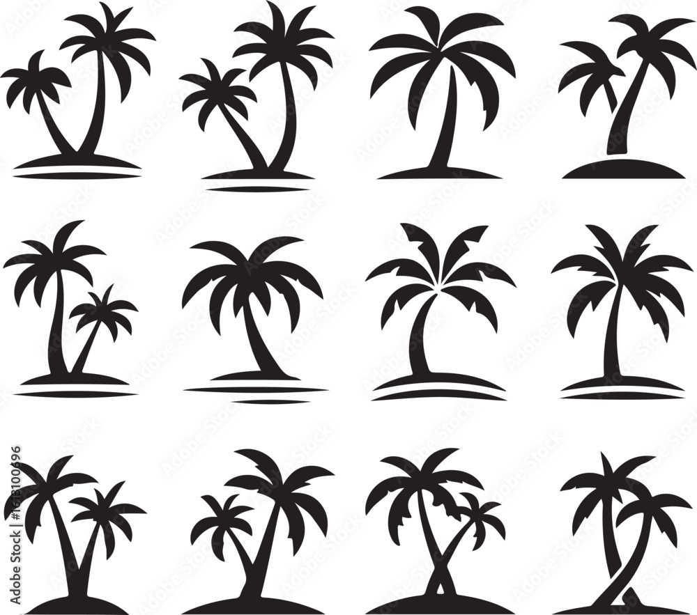 Fototapeta premium Palm tree silhouettes on a tropical summer landscape with beach and nature elements