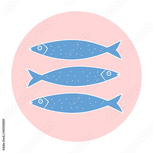 cute hand drawn flat logo design templates, vector icon and badge for social media highlight with blue sardine summertime italian vacation traditional food on pink background
