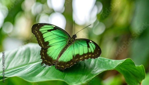 Vibrant green butterfly on large leaf, soft focus background
