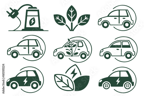 Vector art of set of vector icons representing electric cars and environmentally friendly transportation options