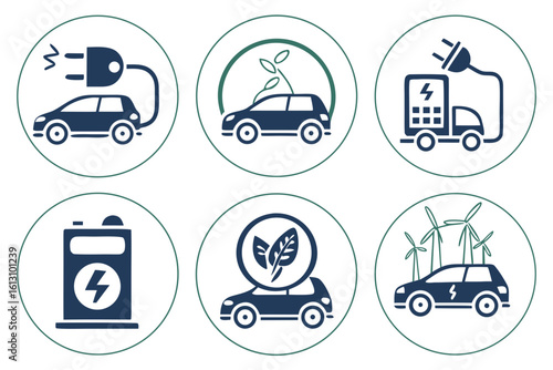 Vector art of a set of electric vehicle icons representing sustainable energy and ecofriendly transportation