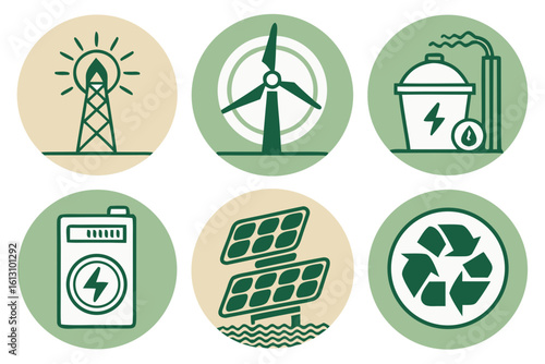Vector art of icons representing various sources of renewable energy, including solar, wind, and hydroelectric power