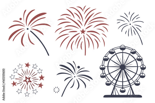 Vector art of a festive scene with fireworks and a ferris wheel creates a celebratory atmosphere for events