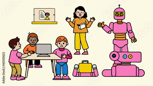 a modern and engaging flat vector illustration set showing AI technology in kids education