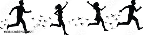 Silhouettes of People Running Away from Swarming Insects, Illustrating Pest Control, Danger, Escape, and Annoyance Concepts.