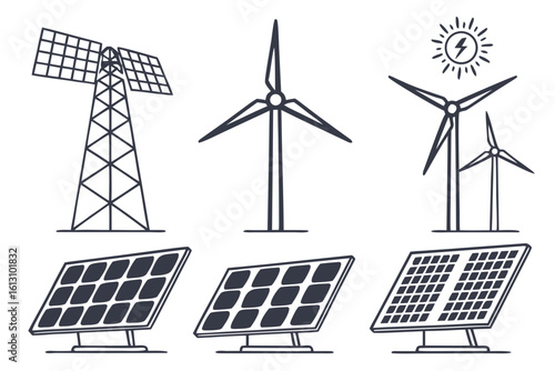 Illustration of solar panel arrays and wind turbines representing clean and renewable energy sources