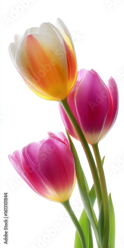 Beautiful tulip flowers in vibrant colors stand tall against a bright white background. The delicate petals create an artistic display. Perfect for spring themed decor. AI