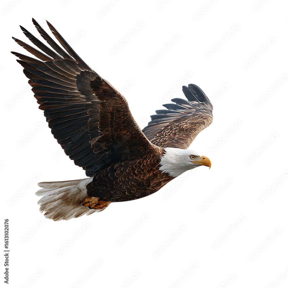 Fototapeta premium A bald eagle soars through the sky with its wings spread wide on transparent background