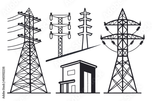 Vector art of silhouetted power line towers and an electrical substation create a stark industrial landscape