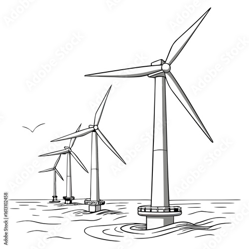 Vector art of a series of offshore wind turbines stand tall in the ocean generating renewable energy source