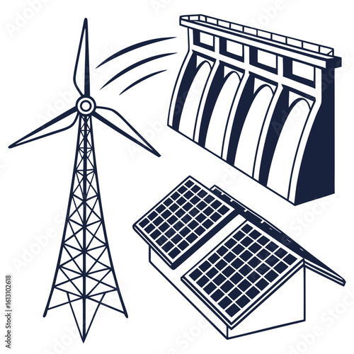 Illustration of renewable energy sources including a wind turbine, solar panels, and a hydroelectric dam