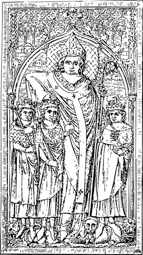 Vintage Engraving of a Religious Figure and Attendants
