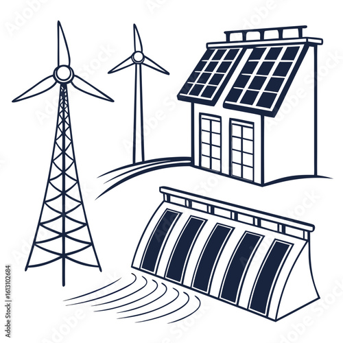 Illustration of renewable energy sources including wind turbines, solar panels, and a hydroelectric dam