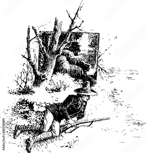 Vintage Illustration of a Hunter in a Forest