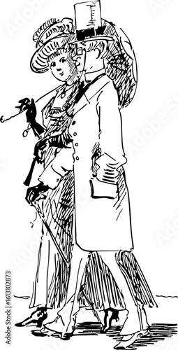 Vintage Couple Walking with Parasol and Cane