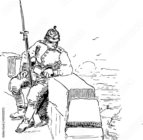 Vintage Soldier Resting by the Sea