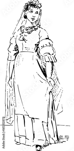 Vintage Bride in Elegant Dress Illustration