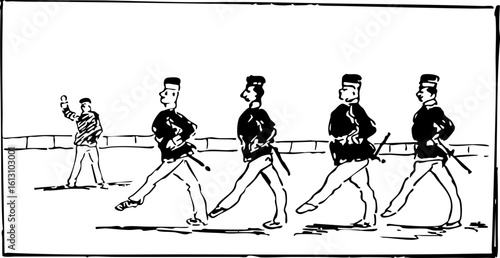 Vintage Illustration of Soldiers Marching in Formation