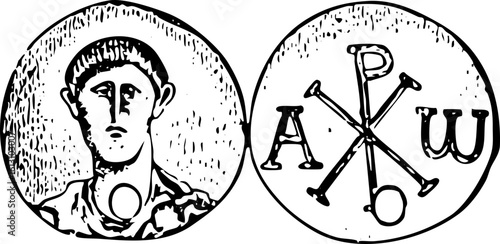 Ancient Byzantine Coin Illustration with Emperor and Chi-Rho Symbol