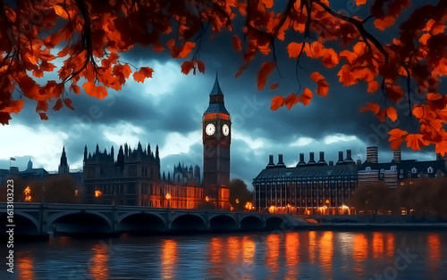 Cinematic Night City escape of Big Ben – Moody London with Autumn Leaves.