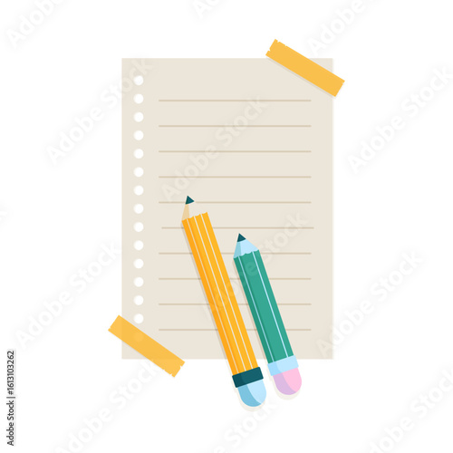Minimalist vector illustration of a punched paper sheet taped with colorful washi tapes and two yellow and green pencils resting on it