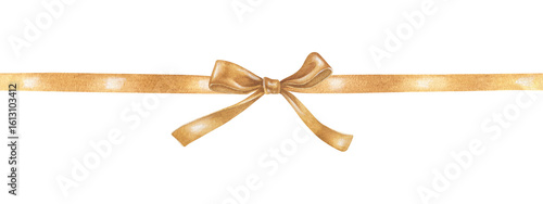 Long seamless border with a gold bow on a ribbon. Watercolor illustration of a holiday decor. Hand drawn vintage sketch on white isolated background. Water color painting art image