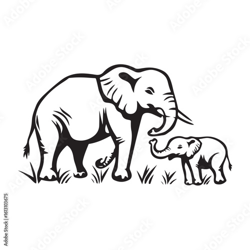 Vector illustration of an adult elephant and its baby in affectionate poses. Perfect for wildlife, family, nature, and conservation themes.