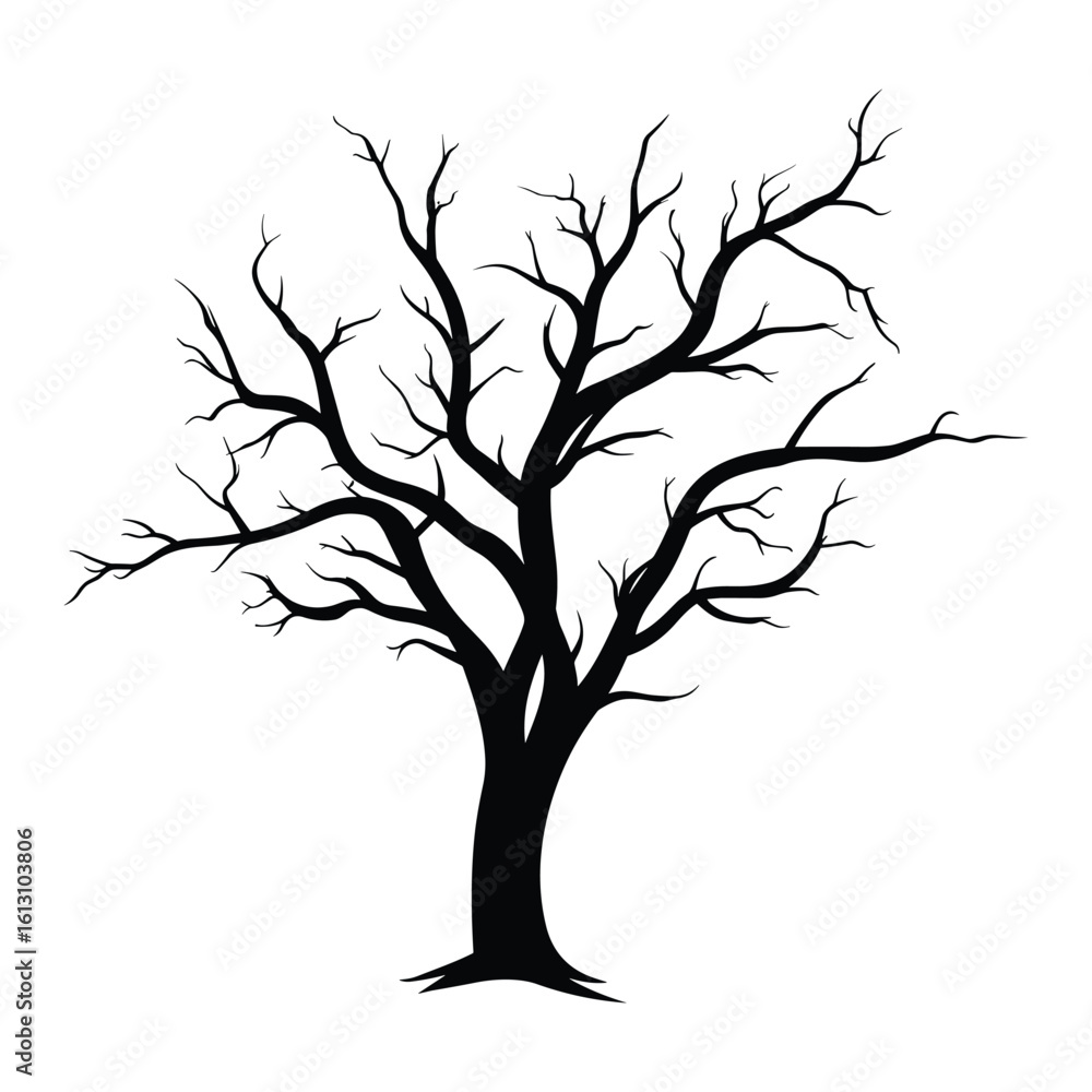 Obraz premium Vector art of silhouette of a bare tree with intricate branches isolated on white