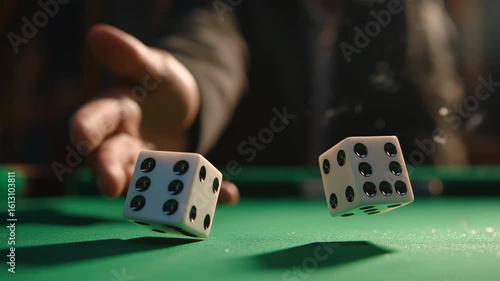Hand throwing two white dice with black dots on a green felt surface, capturing the moment of chance and excitement in a gambling environment, showcasing the thrill of the game and anticipation