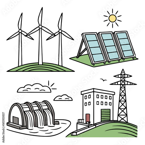 Illustration of various renewable energy sources including wind turbines, solar panels, and hydroelectric dam