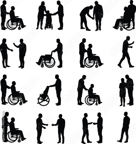 Comprehensive Collection of Silhouettes Featuring People with Disabilities in Wheelchairs and Their Caregivers, Illustrating Support, Accessibility, and Inclusive Lifestyle Concepts.