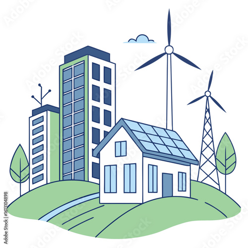Illustration of a sustainable city with solar panels and wind turbines generating clean energy