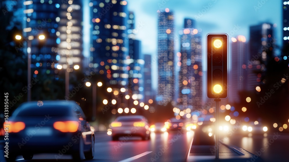 Fototapeta premium Cars driving on a city street at twilight with yellow traffic lights and blurred skyscrapers in the background