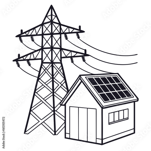 Vector art of a solar panel house stands beneath a high voltage electric power transmission tower