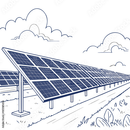 Vector art of a long row of solar panels stretches into the distance under a cloudy sky, generating clean energy