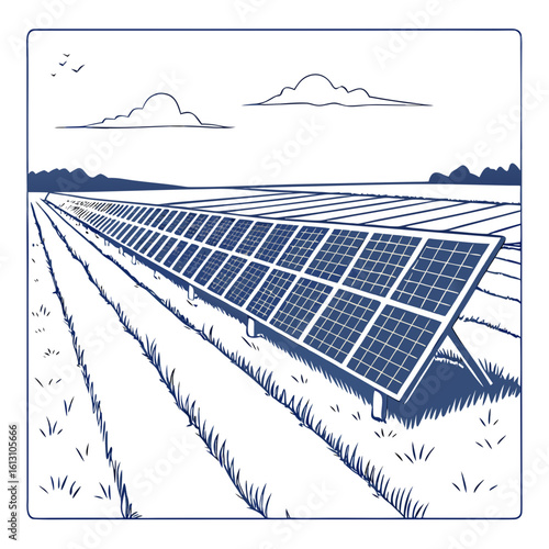 Illustration of a solar panel farm generating clean and renewable energy under a cloudy sky