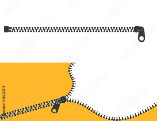 Zipper silhouette, zipper lock or unlock. Fastener slide with puller. Split cloth pulling zip. Apparel accessories simple drawing.