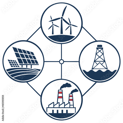 Vector art of diamondshaped diagram connecting solar, wind, oil rig, and industrial power sources