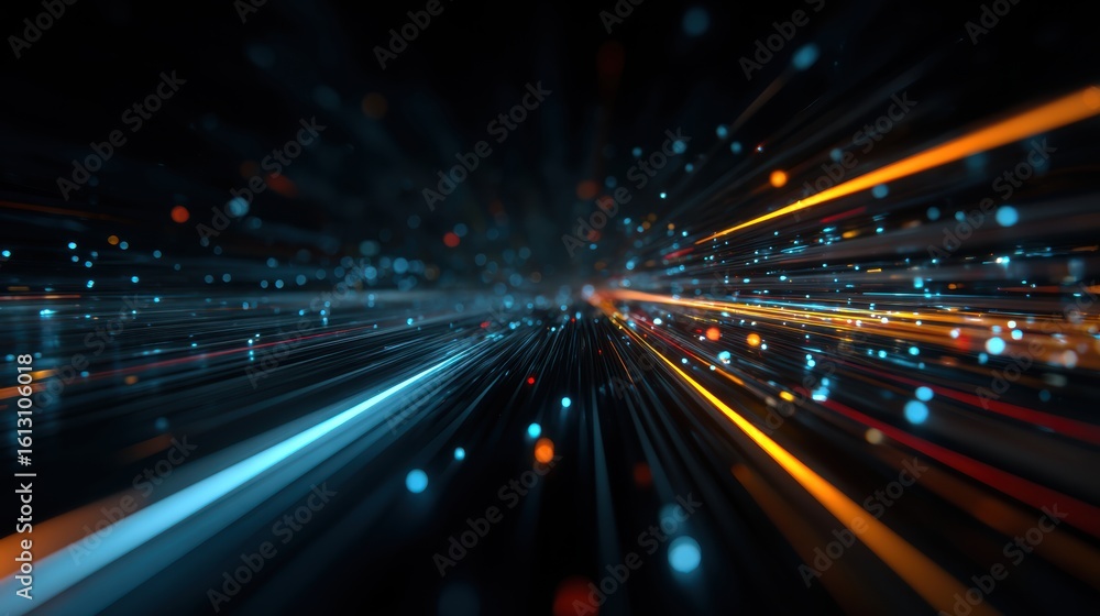 Obraz premium Dynamic digital background showcasing vibrant light trails and particles, representing speed and innovation in technology.