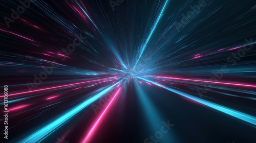 Dynamic light beams create a futuristic visual, illustrating motion through space and technology advancement.