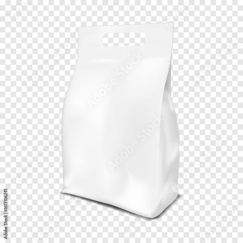 White blank side gusseted plastic bag with die cut handle. Realistic 3d vector mockup. Hanging hole pouch standing package. Mock-up. Template for design