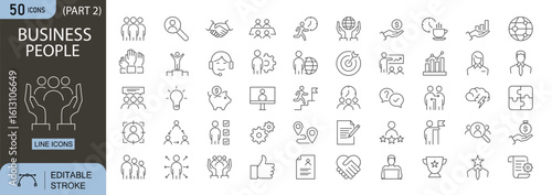 Business People icons set. Includes icons for teamwork, office, manager, employee, handshake, presentation, meeting, communication, leadership, and growth. Ideal for infographics.