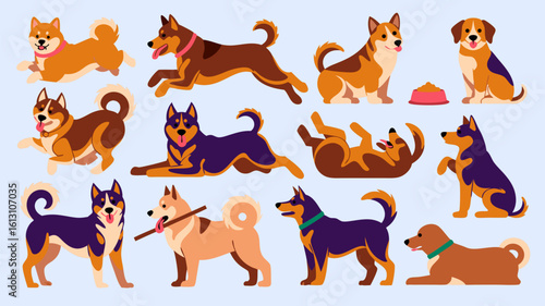Vector art showcasing playful Australian Shepherd dogs in various poses around a full food bowl. Ideal for pet care and food related designs.