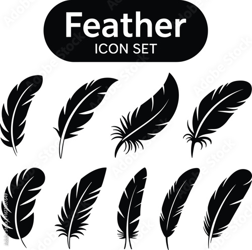 Collection of diverse black feather icons with a textured grunge style