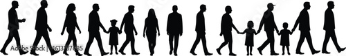 Silhouette Collection of Diverse People Walking, Including Individuals and Families Holding Hands, Representing Community, Connection, and Everyday Life Journeys.